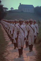 Midjourney generated image using SREF code Dreams of Leia: A group of men in uniform marching down a dirt road.