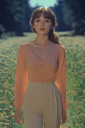 Midjourney generated image using SREF code Dreams of Leia: A woman standing in a field of yellow flowers.