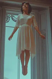 Midjourney generated image using SREF code Dreams of Leia: A woman in a white dress standing in front of a window.