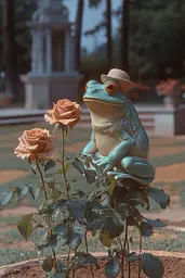 Midjourney generated image using SREF code Dreams of Leia: A statue of a frog sitting on top of a rose.