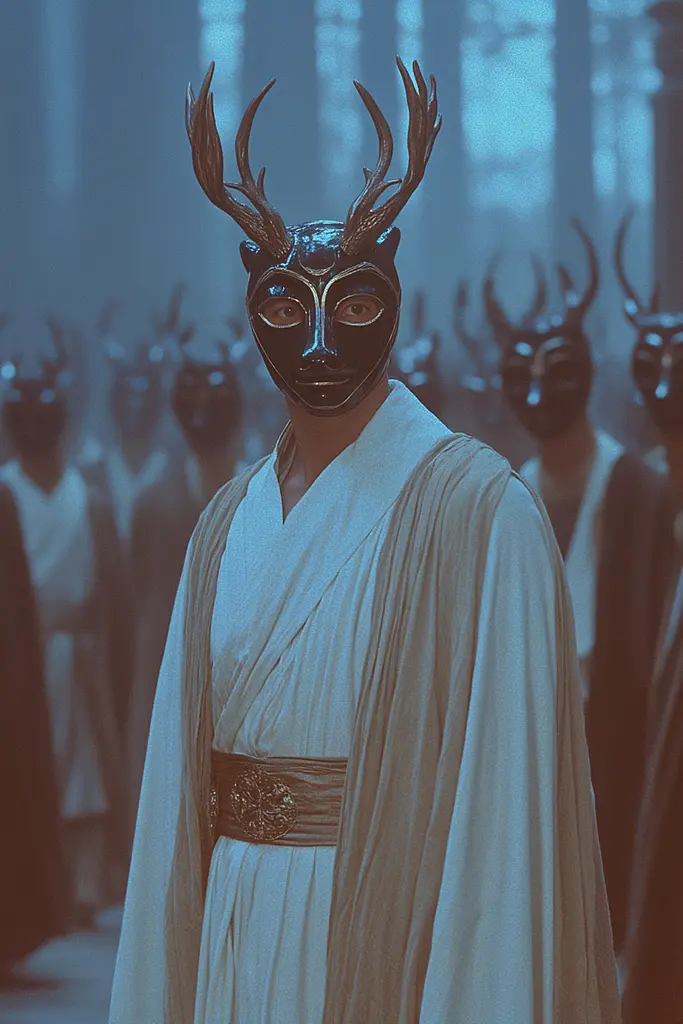 Midjourney generated image using SREF code Dreams of Leia: A man wearing a deer mask standing in front of a group of people.