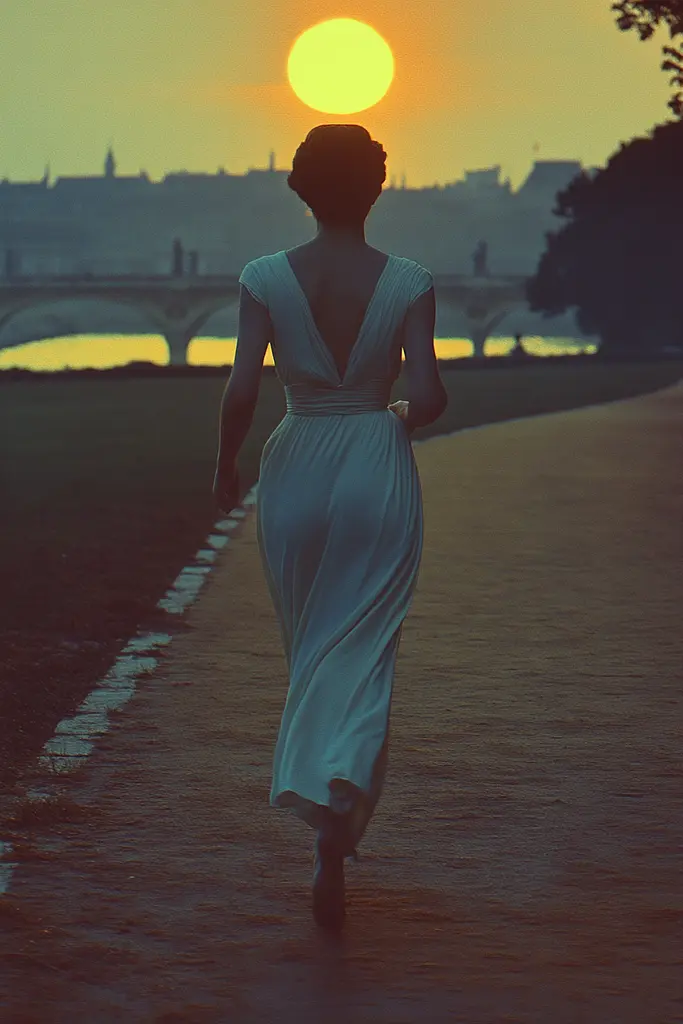 Midjourney generated image using SREF code Dreams of Leia: A woman in a white dress walking down a path at sunset.