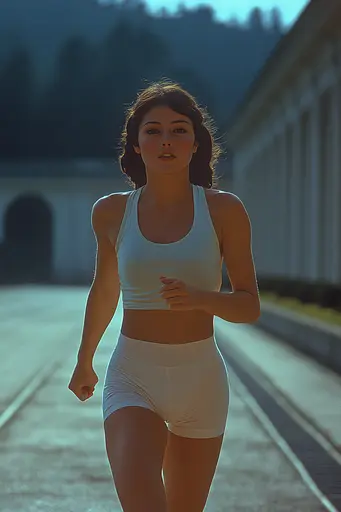 Midjourney generated image using SREF code Dreams of Leia: A woman in a white sports bra top and shorts running down a street.