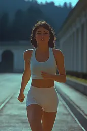 Midjourney generated image using SREF code Dreams of Leia: A woman in a white sports bra top and shorts running down a street.