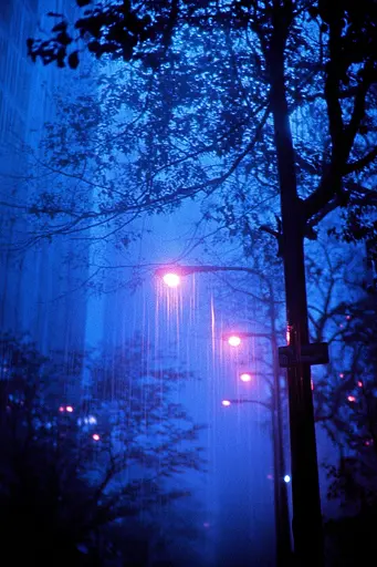 Midjourney generated image using SREF code Electric Midnight: A street light in the middle of a foggy city at night.