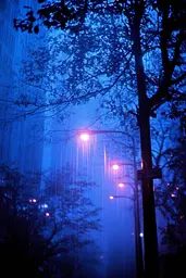 Midjourney generated image using SREF code Electric Midnight: A street light in the middle of a foggy city at night.