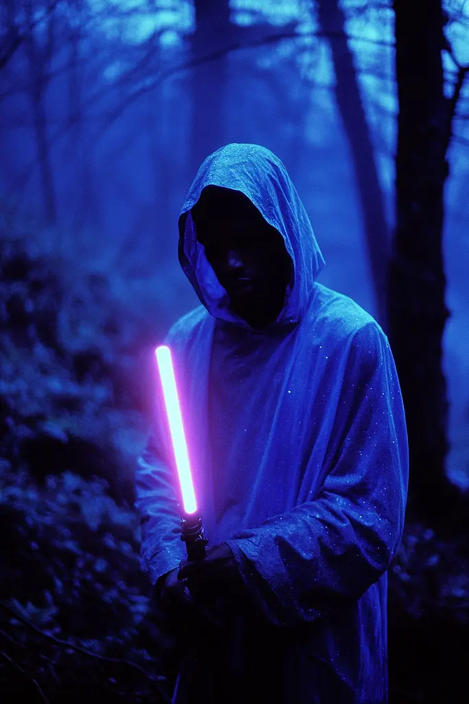 Midjourney generated image using SREF code Electric Midnight: A person in a hooded robe holding a light saber in the woods.