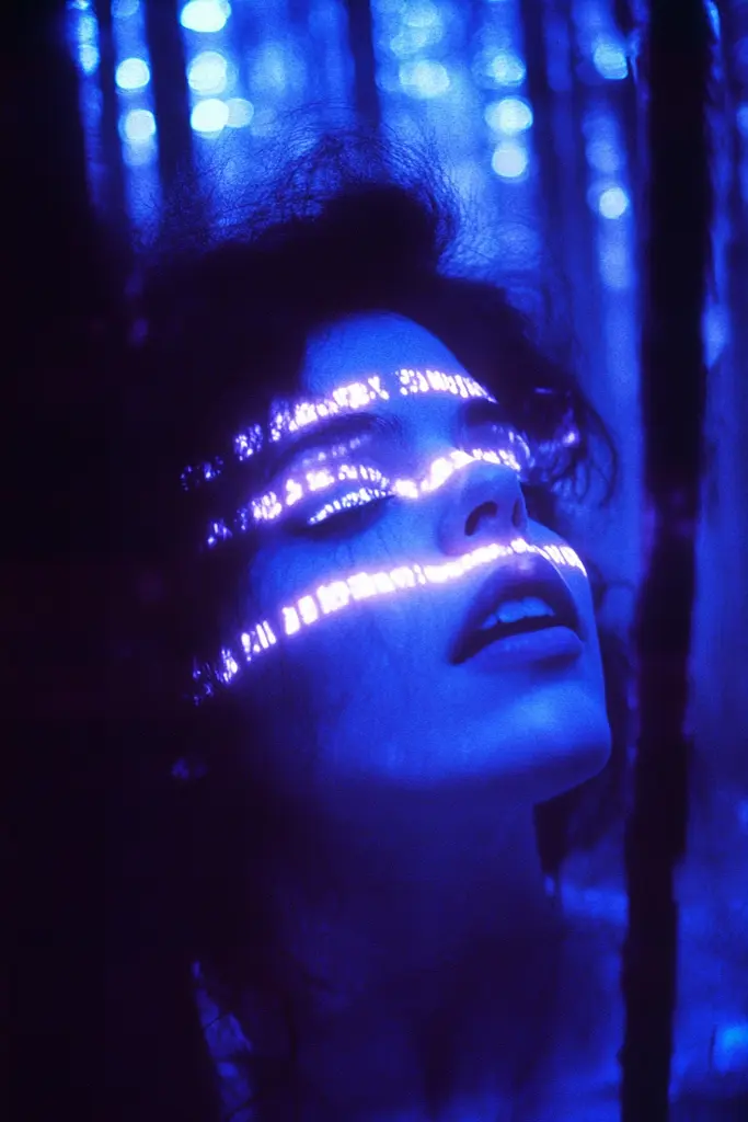 Midjourney generated image using SREF code Electric Midnight: A woman with blue lights on her face in the woods.