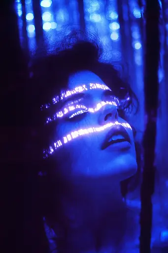 Midjourney generated image using SREF code Electric Midnight: A woman with blue lights on her face in the woods.