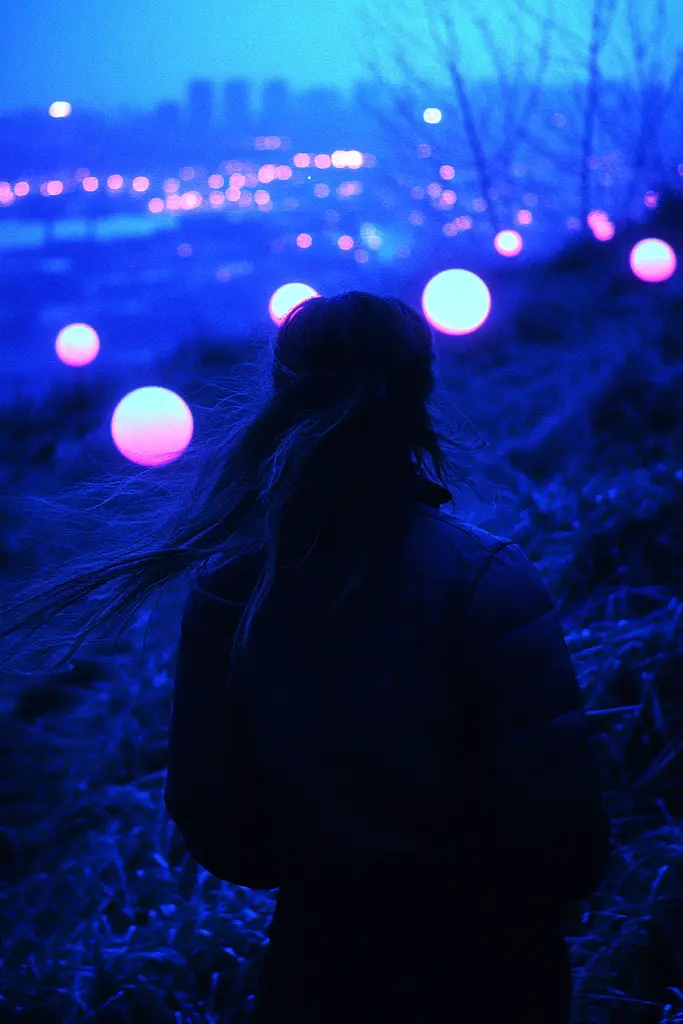 Midjourney generated image using SREF code Electric Midnight: A person standing in a field with their hair blowing in the wind.