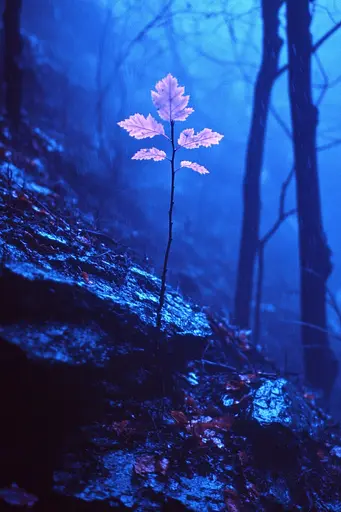 Midjourney generated image using SREF code Electric Midnight: A small pink leaf on a rock in the woods.