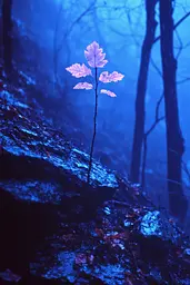 Midjourney generated image using SREF code Electric Midnight: A small pink leaf on a rock in the woods.