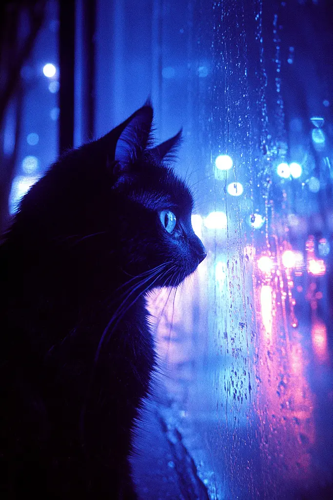 Midjourney generated image using SREF code Electric Midnight: A black cat looking out a window at the rain.