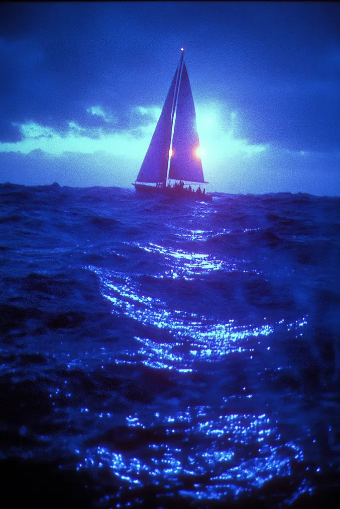 Midjourney generated image using SREF code Electric Midnight: A sailboat in the ocean at night with the sun setting behind it.