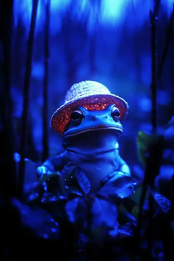 Midjourney generated image using SREF code Electric Midnight: A frog wearing a straw hat sitting in the dark.