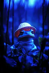 Midjourney generated image using SREF code Electric Midnight: A frog wearing a straw hat sitting in the dark.