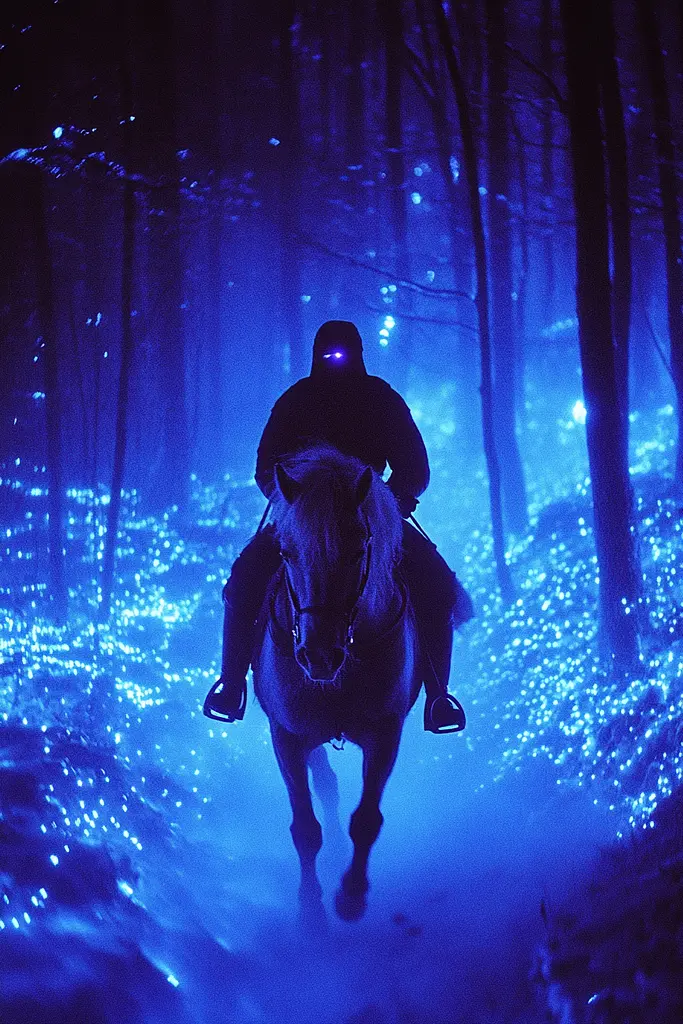 Midjourney generated image using SREF code Electric Midnight: A person riding a horse through a forest at night.