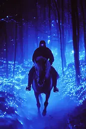 Midjourney generated image using SREF code Electric Midnight: A person riding a horse through a forest at night.