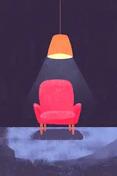 Midjourney generated image using SREF code Bold Whimsy: A red chair sitting under a lamp in a dark room.