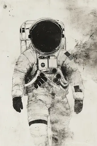 Midjourney generated image using SREF code Monochrome Etching: A black and white drawing of an astronaut.