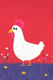 Midjourney generated image using SREF code Bold Whimsy: A white chicken standing in a field of flowers.