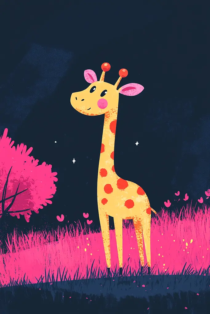 Midjourney generated image using SREF code Bold Whimsy: A giraffe standing in a grassy field at night.