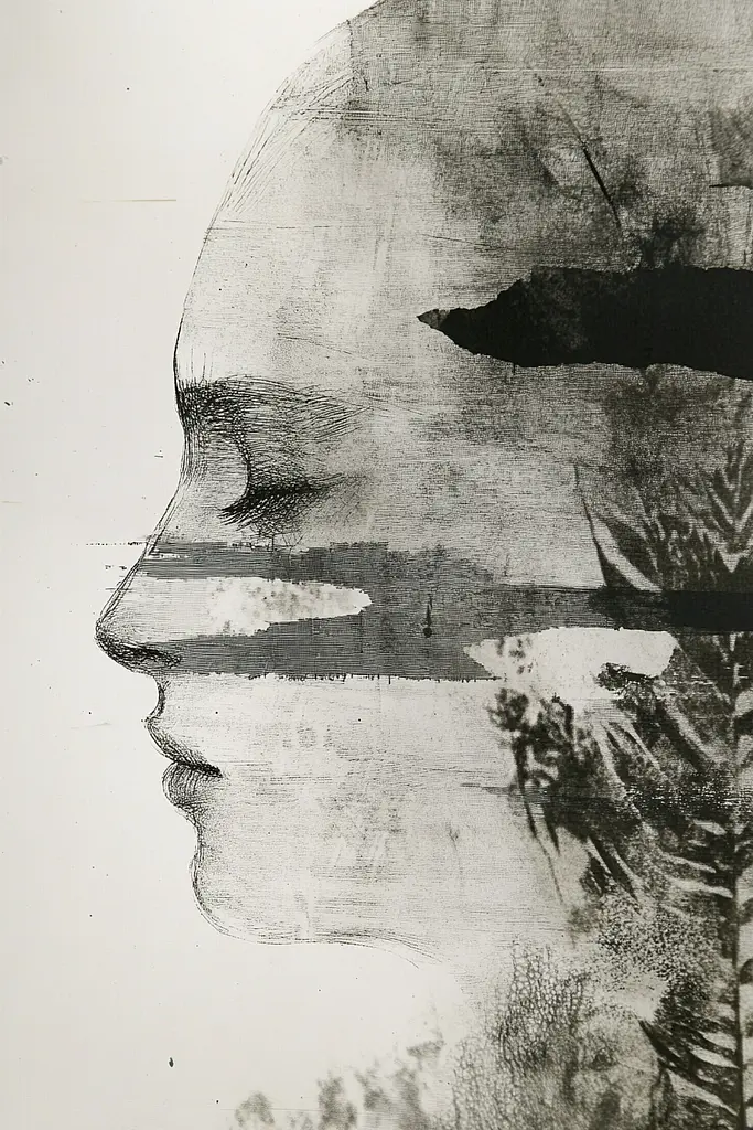 Midjourney generated image using SREF code Monochrome Etching: A black and white photo of a woman's face with trees in the background.