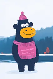 Midjourney generated image using SREF code Bold Whimsy: A black bear wearing a pink sweater and a pink hat.