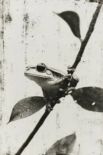 Midjourney generated image using SREF code Monochrome Etching: A frog sitting on top of a tree branch.