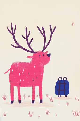 Midjourney generated image using SREF code Bold Whimsy: A pink deer with a blue backpack standing in the grass.