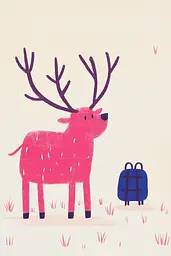 Midjourney generated image using SREF code Bold Whimsy: A pink deer with a blue backpack standing in the grass.