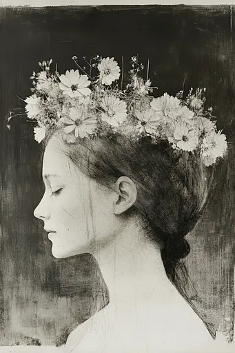 Midjourney generated image using SREF code Monochrome Etching: A black and white drawing of a woman with flowers in her hair.