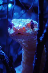 Midjourney generated image using SREF code Electric Midnight: A close up of a snake in the dark.