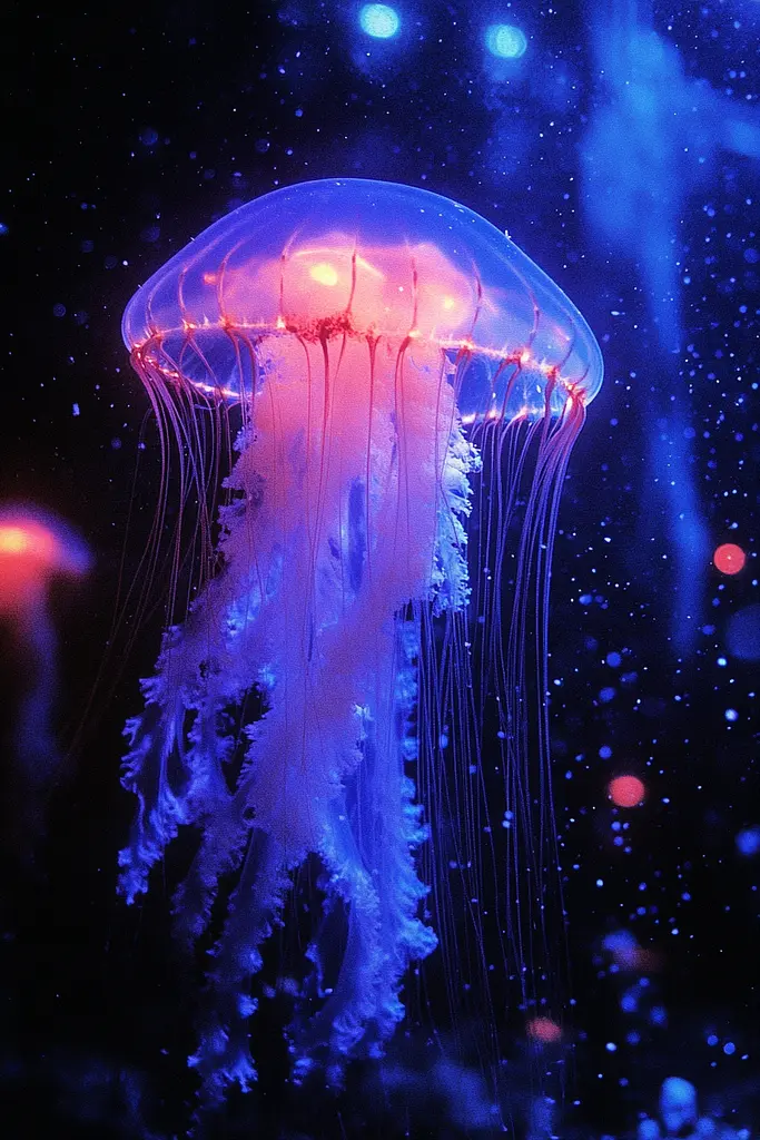 Midjourney generated image using SREF code Electric Midnight: A jellyfish floating in the dark with stars in the background.