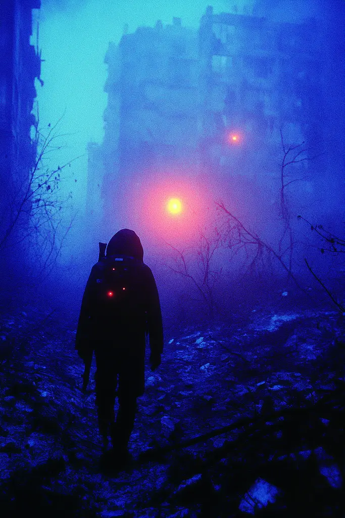 Midjourney generated image using SREF code Electric Midnight: A person walking through a foggy city at night.