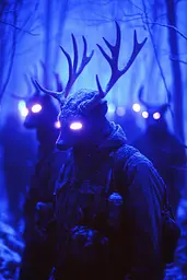 Midjourney generated image using SREF code Electric Midnight: A group of people wearing reindeer masks in the woods.