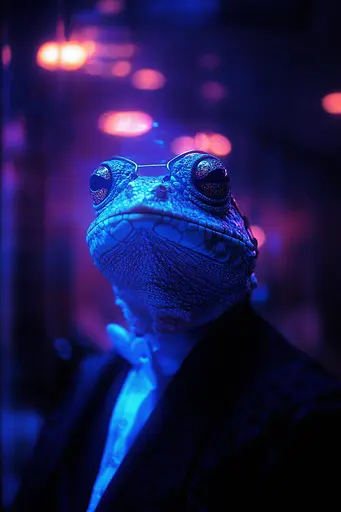 Midjourney generated image using SREF code Electric Midnight: A frog wearing a suit and tie in a dark room.