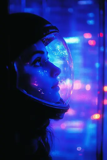 Midjourney generated image using SREF code Electric Midnight: A woman in a space suit looking out of a window.