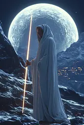 Midjourney generated image using SREF code Astral Nexus: A man in a white robe holding a light saber in front of a full moon.