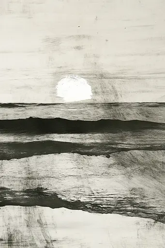 Midjourney generated image using SREF code Monochrome Etching: A black and white photo of the sun setting over the ocean.