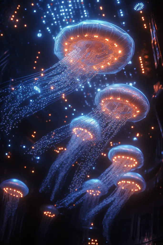 Midjourney generated image using SREF code Astral Nexus: A group of jellyfish floating in the dark.