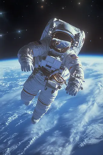 Midjourney generated image using SREF code Astral Nexus: A man in an astronaut suit floating in space.