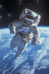 Midjourney generated image using SREF code Astral Nexus: A man in an astronaut suit floating in space.