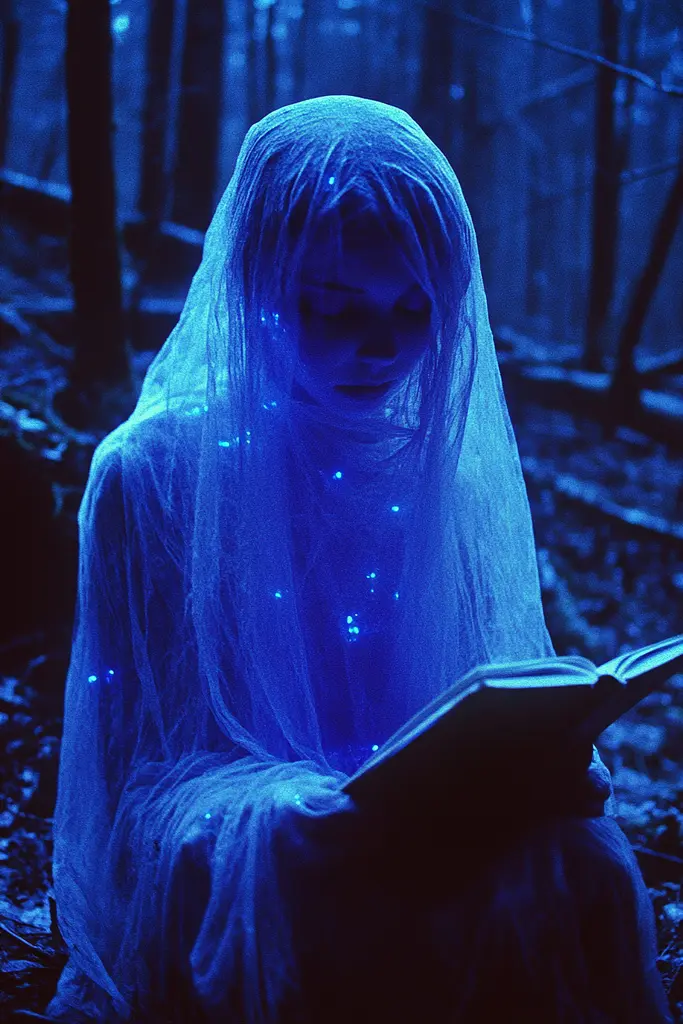 Midjourney generated image using SREF code Electric Midnight: A woman in a ghost costume reading a book in the woods.