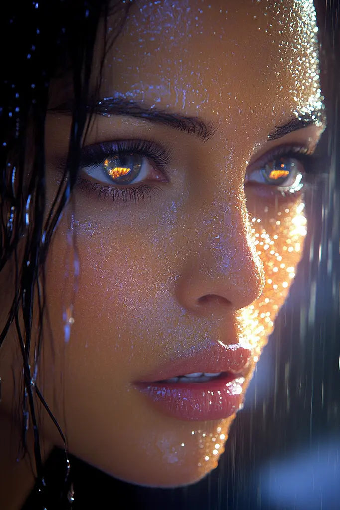 Midjourney generated image using SREF code Astral Nexus: A close up of a woman's face in the rain.