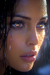 Midjourney generated image using SREF code Astral Nexus: A close up of a woman's face in the rain.