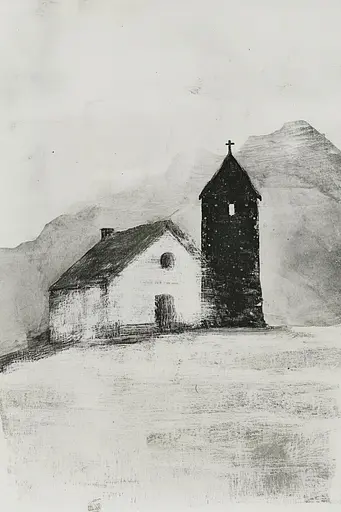 Midjourney generated image using SREF code Monochrome Etching: A black and white drawing of a church in the snow.