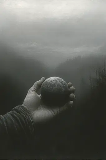 Midjourney generated image using SREF code Mythic Stillness: A person holding a ball in their hand in the fog.