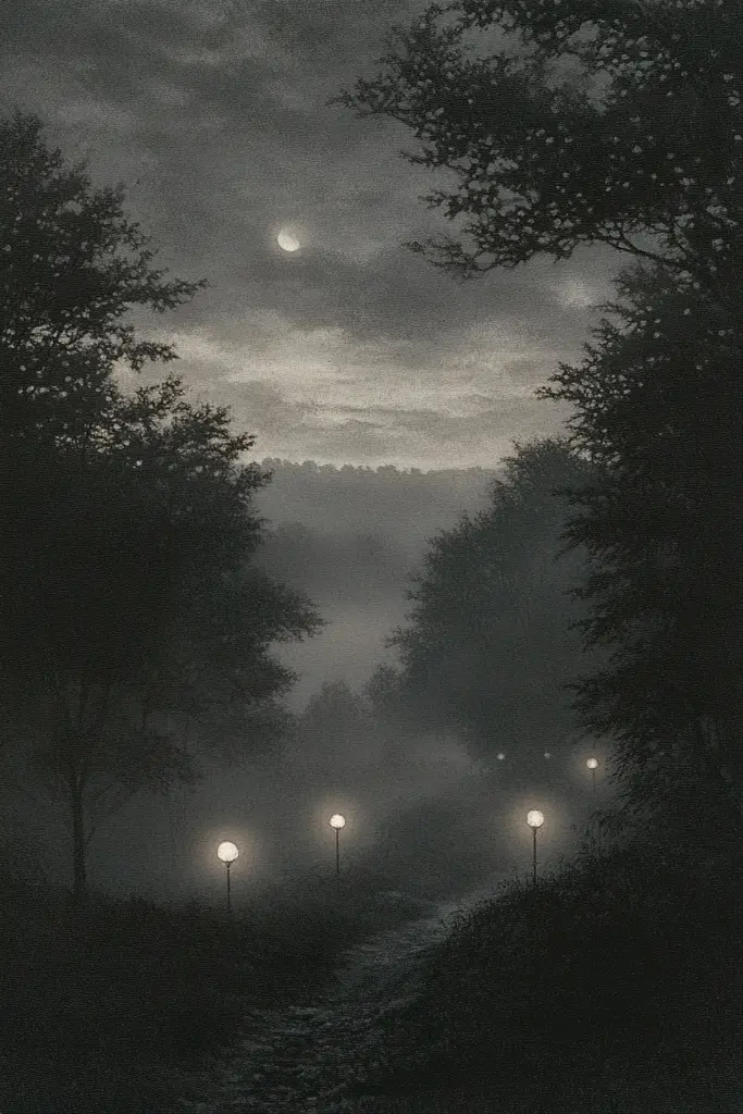 Midjourney generated image using SREF code Mythic Stillness: A black and white photo of a foggy night with street lights.