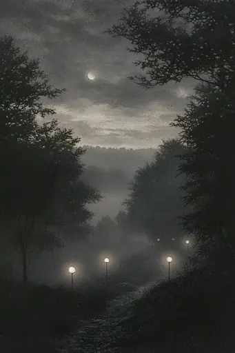 Midjourney generated image using SREF code Mythic Stillness: A black and white photo of a foggy night with street lights.